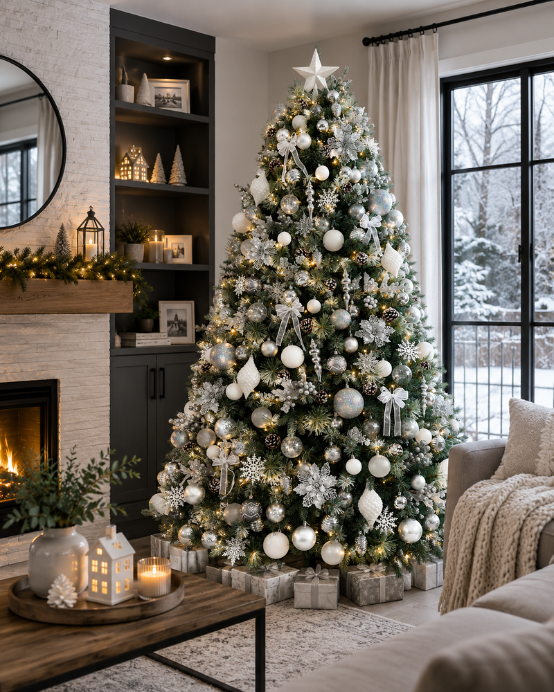 Załaduj obraz do przeglądarki galerii, Portland Fir 7ft Pre-Lit Luxury Decorated Tree Cotswold Frost | EB201(2)PLCCP
