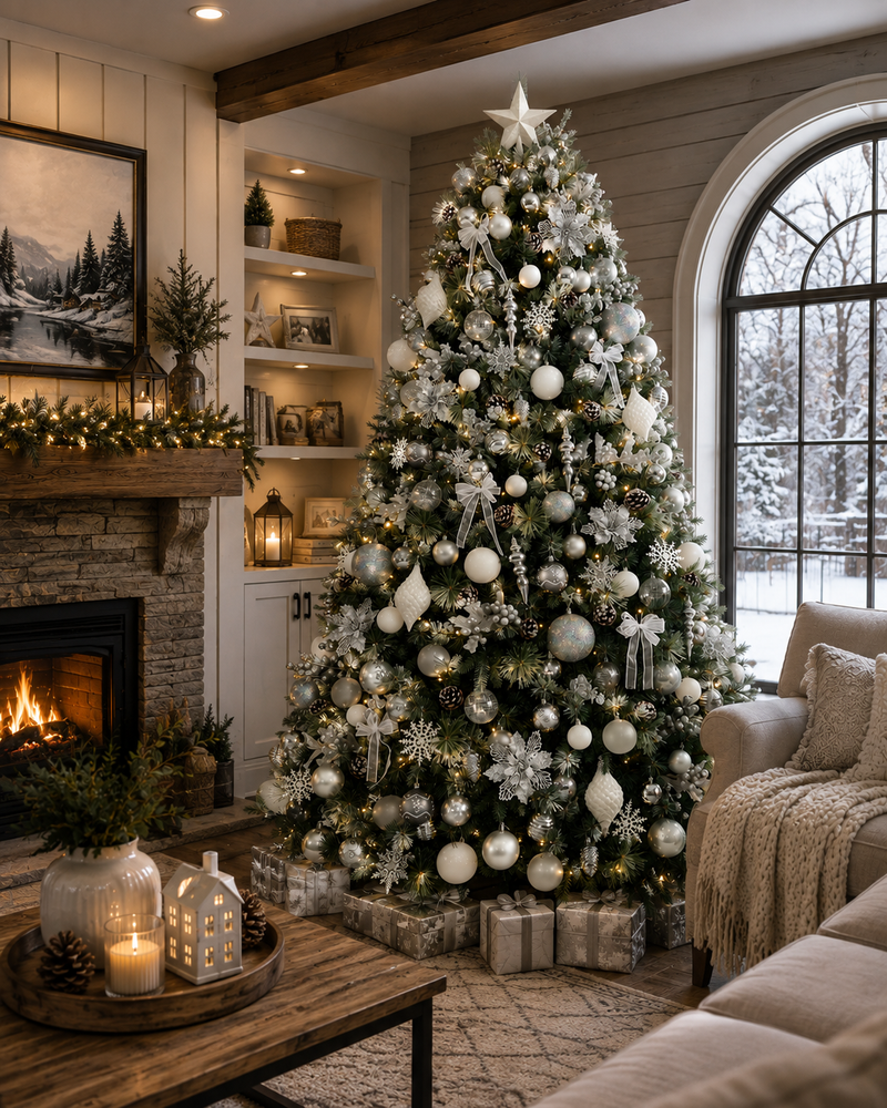 Załaduj obraz do przeglądarki galerii, Portland Fir 7ft Pre-Lit Luxury Decorated Tree Cotswold Frost | EB201(2)PLCCP
