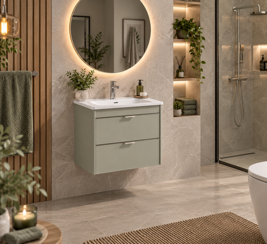 Sonas Lumiere Wall Hung 60cm Two Drawers Vanity Unit | Shadow Basin | Lakeside Sage | Brushed Nickel Handles | UF2479