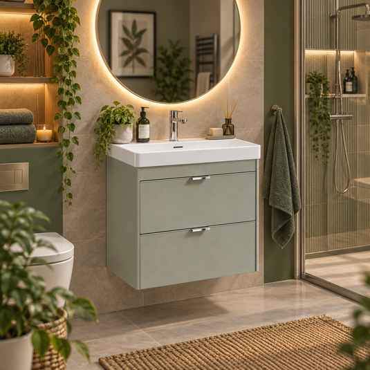 Sonas Lumiere Wall Hung 60cm Two Drawers Vanity Unit | Reed Basin | Lakeside Sage | Chrome Handles | UF3343