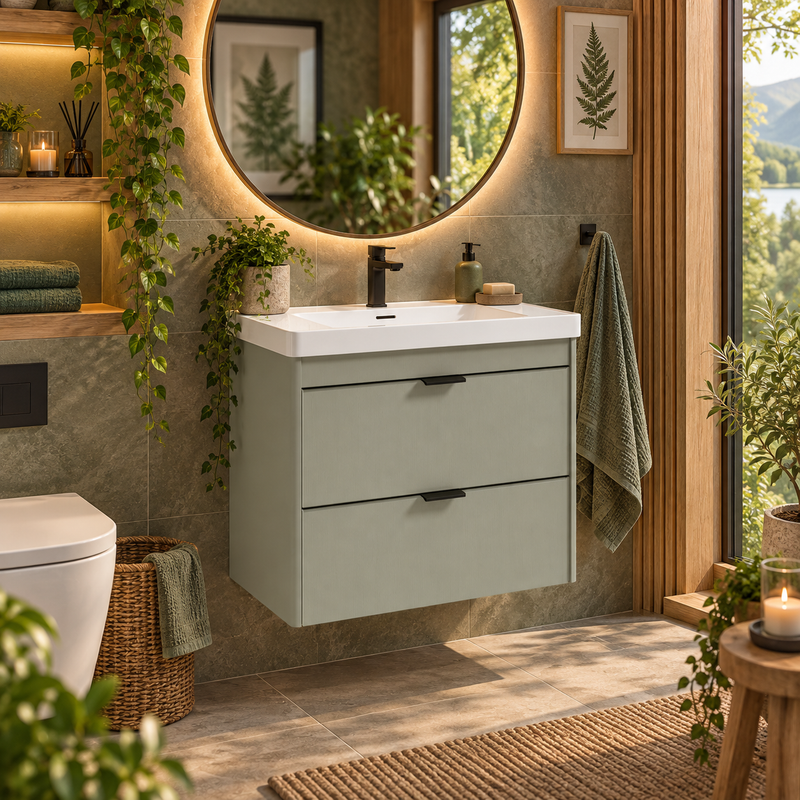 Załaduj obraz do przeglądarki galerii, Sonas Lumiere Wall Hung 60cm Two Drawers Vanity Unit | Reed Basin | Lakeside Sage | Matt Black Handles | UF3344

