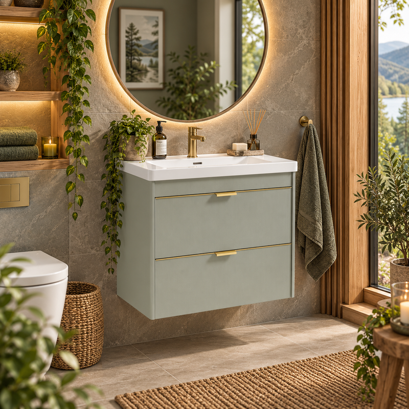 Załaduj obraz do przeglądarki galerii, Sonas Lumiere Wall Hung 60cm Two Drawers Vanity Unit | Reed Basin | Lakeside Sage | Brushed Gold Handles | UF3345
