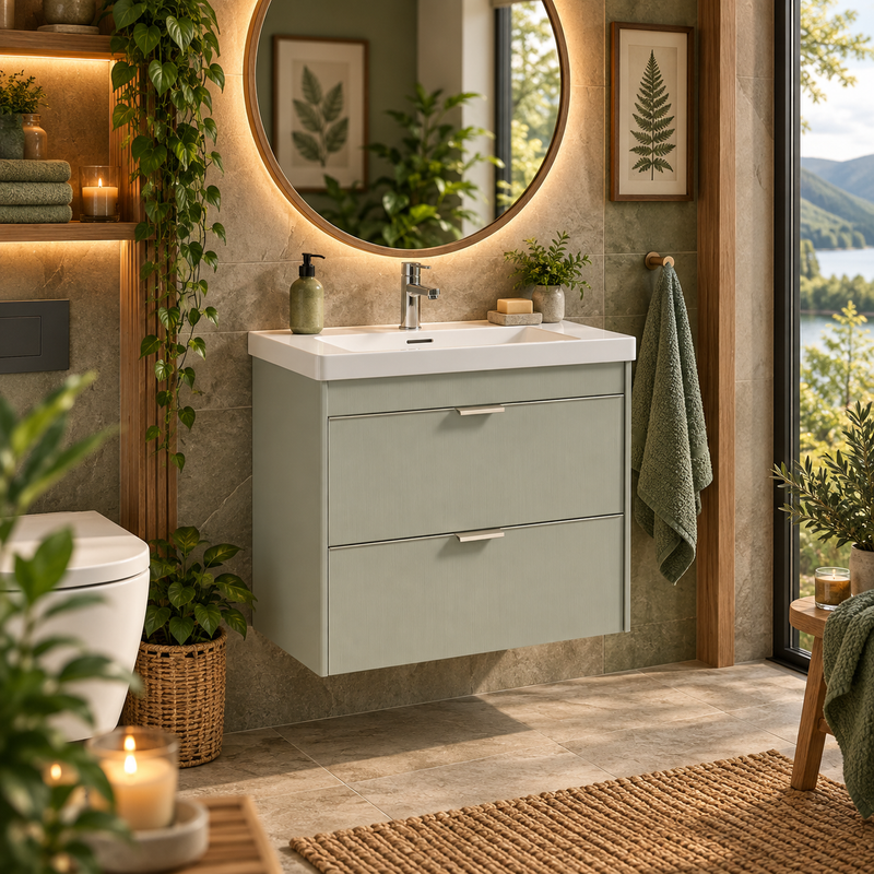 Załaduj obraz do przeglądarki galerii, Sonas Lumiere Wall Hung 60cm Two Drawers Vanity Unit | Reed Basin | Lakeside Sage | Brushed Nickel Handles | UF3346
