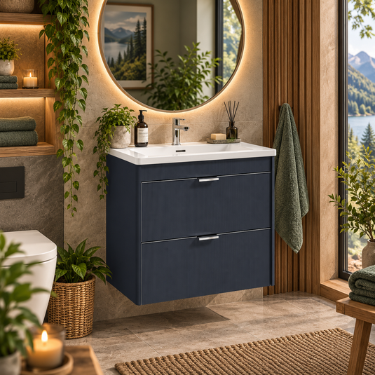 Sonas Lumiere Wall Hung 60cm Two Drawers Vanity Unit | Reed Basin | Cobalt Night | Chrome Handles | UF3347