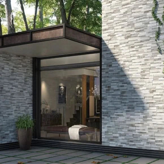 cubics tile in grey, 15x61cm on the outside wall