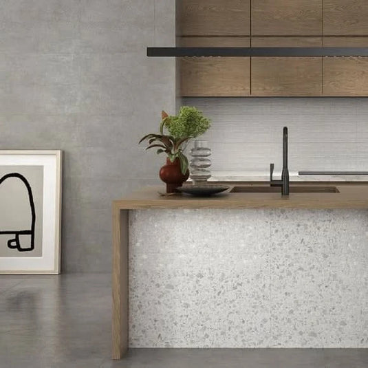 dorian tile in gris, 25x75cm in the kitchen