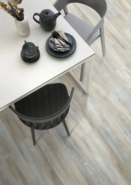 dark abergele oak aqua laminate flooring on display in a kitchen