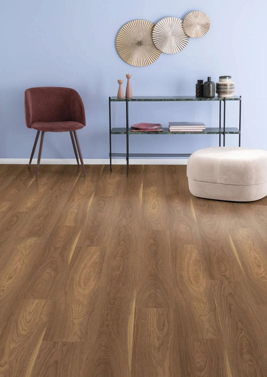 mansonia walnut laminate flooring on display in a living area