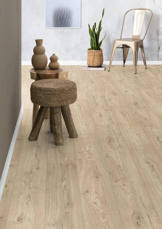 sand beige olchon oak large aqua laminate flooring displayed in a hallway