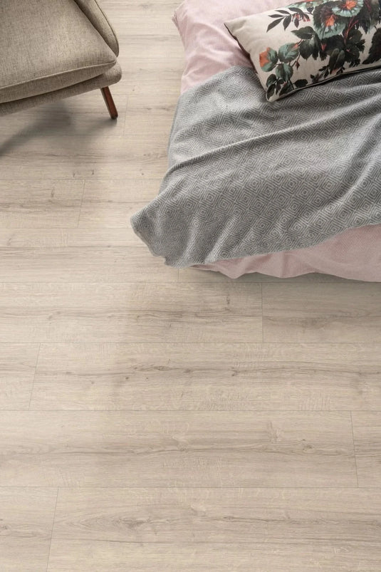 light sherman oak large aqua laminate flooring on display in a bedroom