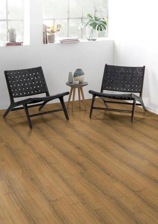 cognac brown sherman oak large aqua laminate flooring on display in a home setting