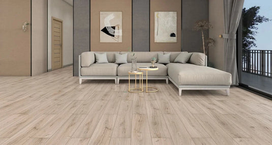 kartaca oak aqua laminate flooring on display in a living area