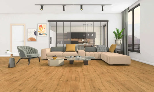 farmhouse oak laminate flooring on display in a living area