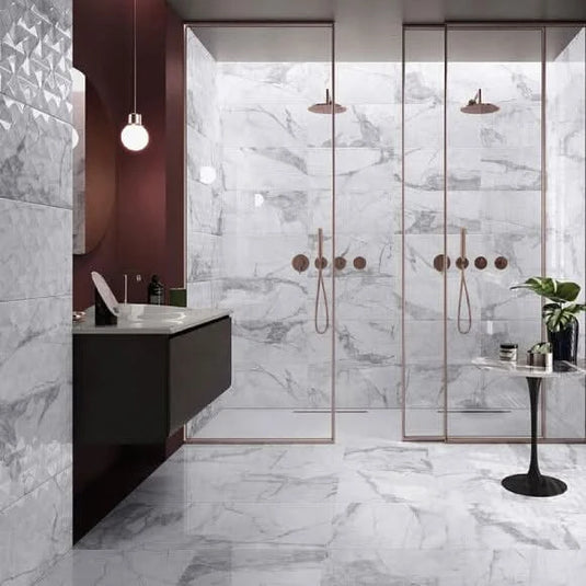 grey glossy greyberg tile, 30x60 in the bathroom