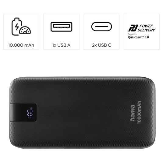 Hama 10000mAh Quick Charge 3.0 Power Bank | Anthracite Black | 514806