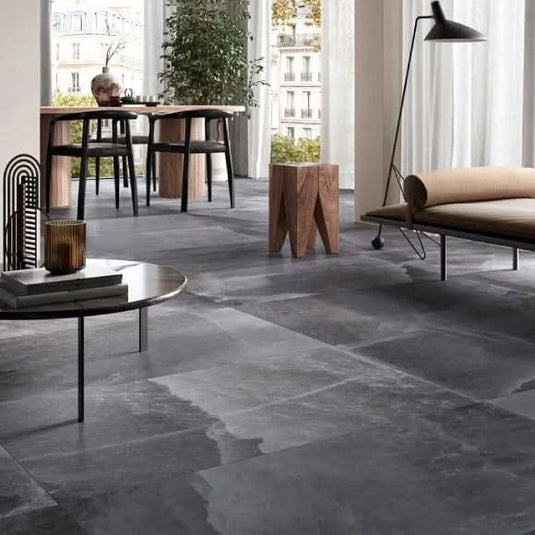 himalaya tile in black, 60x120cm displayed in the living room