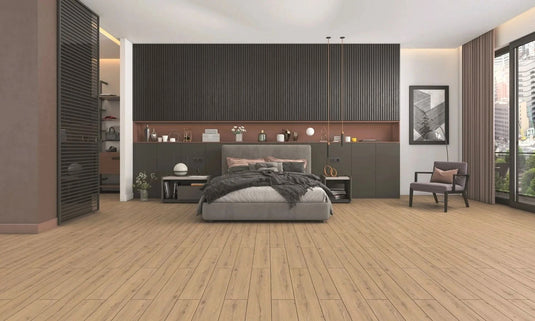 alkum oak laminate flooring on display in a bedroom