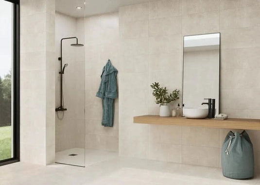 leiria tile in almond satin, 33.3x90cm in the bathroom