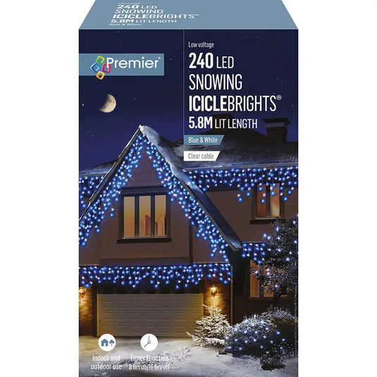 Premier Decorations 240 Snowing Icicle Lights | Blue & White | LV162182BW