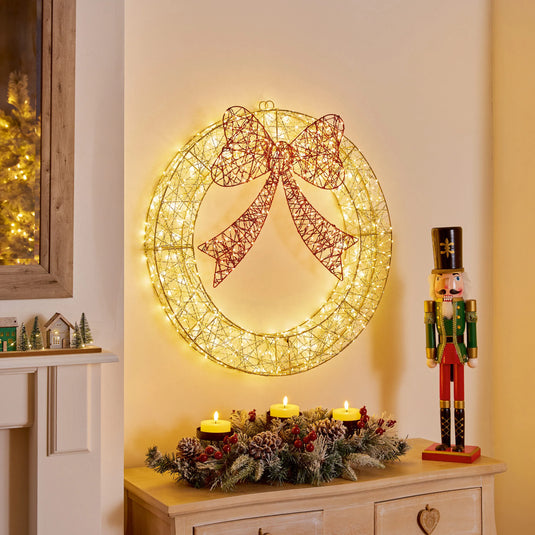 Premier 90cm Lit Golden Elegance Twist Wreath with Red Bow | 1400 Warm White LED | LV261483