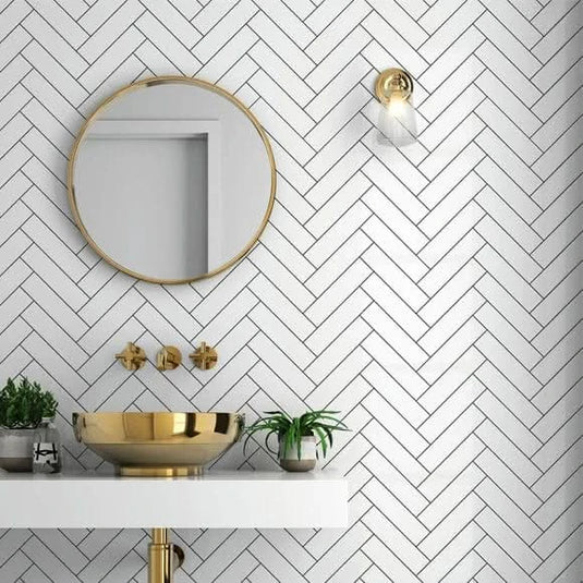 Miniworx Ral 9016 Fishbone Tile, White Matt, 5x20cm in the bathroom