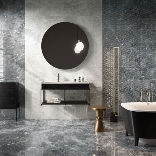 white glossy nebula tile in the bathroom
