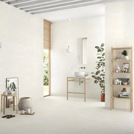 newlyn tile in almond, 33.3x90cm displayed in the bathroom