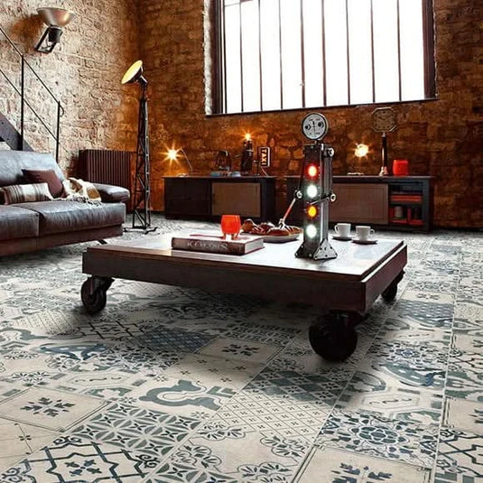 pavimento antiqua tile 20x20cm displayed in a living area