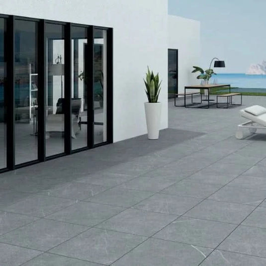 portobello tile in dark grey, 60x60cm displayed outside