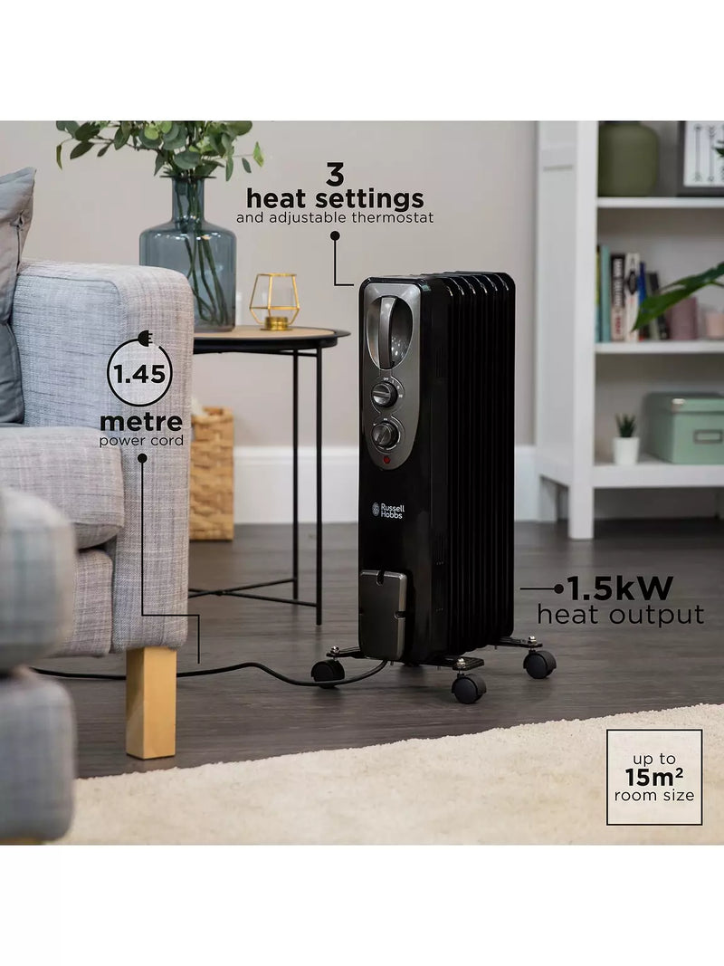 Завантажте зображення в засіб перегляду галереї, Russell Hobbs 7 Fin Oil Filled Radiator | 1.5KW | Black | RHOFR5001B
