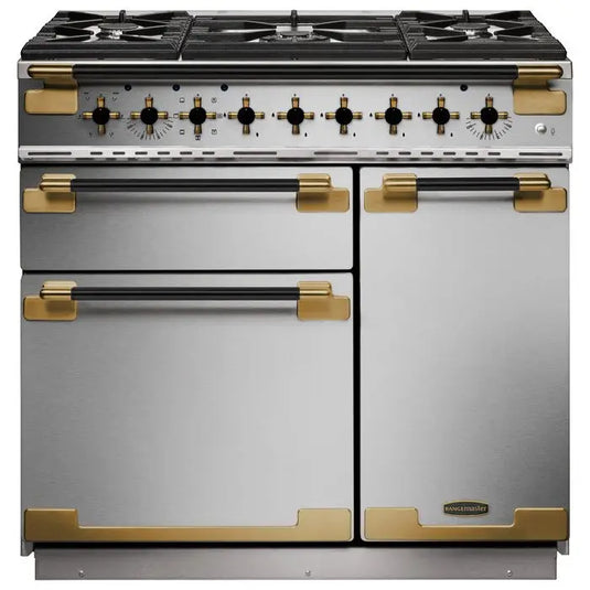 Rangemaster Elise 90 Dual Fuel Stainless Steel with Black / Antique Brass Trim | ELS90DFFSS/BE