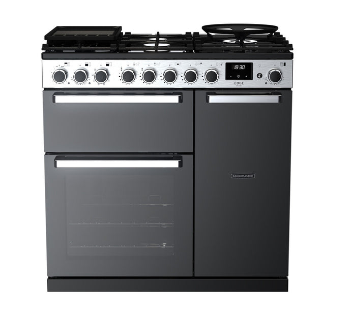 Rangemaster Edge Deluxe 90 | Dual Fuel | Black Glass | Chrome Trim | EDDL90DFGBLK/CM1