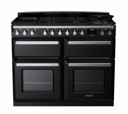 Rangemaster Estel Deluxe 110 Slow Oven | Dual Fuel | Gloss Black | Chrome Trim | ESDLB110DFPGBL/CM1