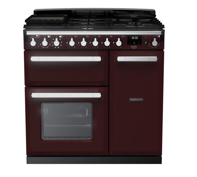 Rangemaster Estel Deluxe 90 | Dual Fuel | Bordeaux | Chrome Trim | ESDL90DFPBOR/CM1