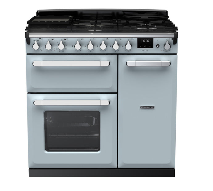 Rangemaster Estel Deluxe 90 | Dual Fuel | Misty Blue  | Chrome Trim | ESDL90DFPMSB/CM1
