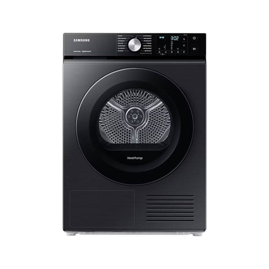 platinum silver heat pump dryer with black door