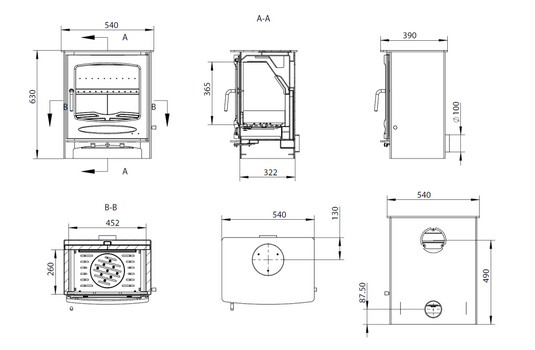 Technical drawing with dimensions of stove