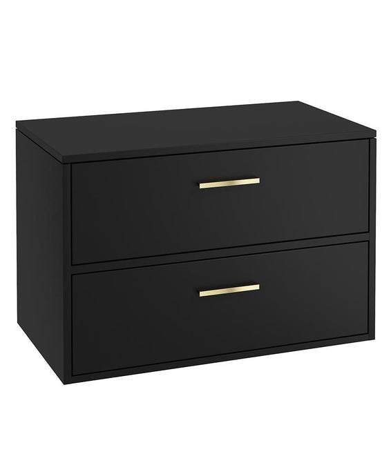 Black two-drawer vanity unit with gold handles on a white background