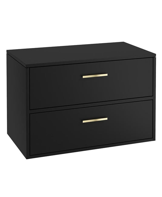 Black two-drawer vanity unit with gold handles on a white background