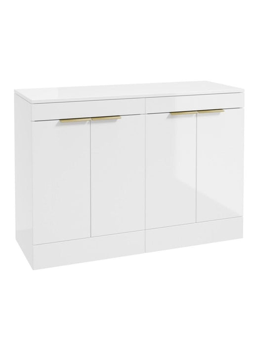 Sonas Stockholm Floorstanding 120Cm Four Door Countertop Vanity Unit | Gloss White | Brushed Gold Handle | UF1348