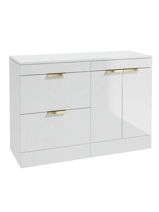 Sonas Stockholm Floorstanding 120Cm Two Drawer/Two Door Countertop Vanity Unit | Gloss White | Brushed Gold Handle | UF1372