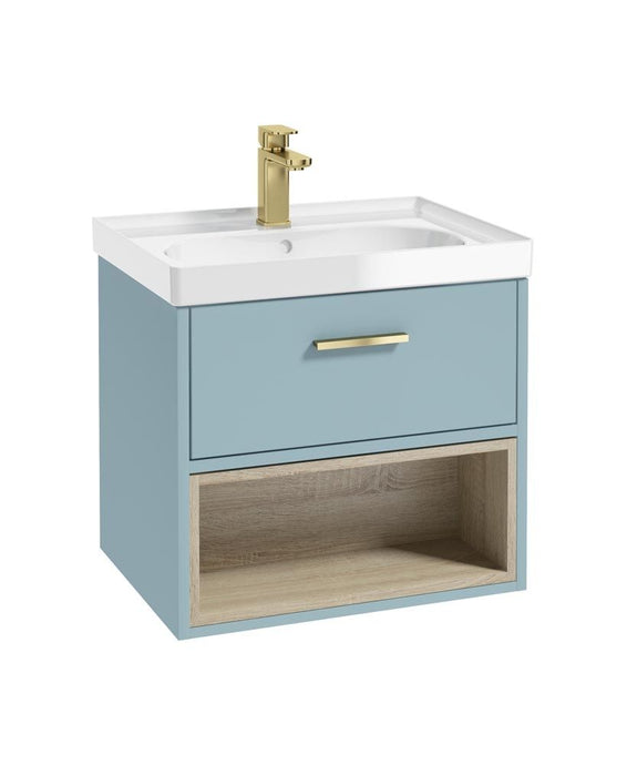 Sonas Malmo Wall Hung 60Cm Single Drawer Vanity Unit | Matt Morning Sky Blue | Brushed Gold Handle | Gloss Basin | UF0970
