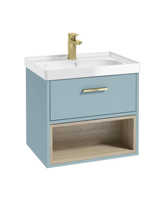Sonas Malmo Wall Hung 60Cm Single Drawer Vanity Unit | Matt Morning Sky Blue | Brushed Gold Handle | Gloss Basin | UF0970