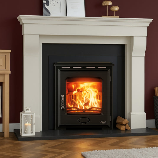 Package Deal: Henley Arklow 4.6kw Insert Multifuel Stove + Astoria Alpine White 54" + Aspen Plate + Granite Hearth 54”  | 10163616