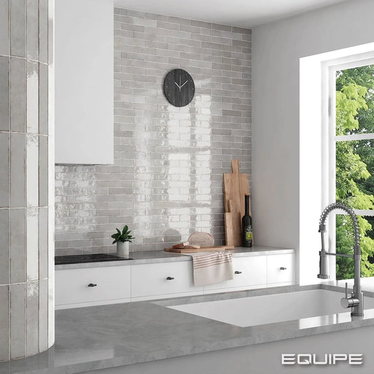 tribeca tile in grey whisper, 6x24.6cm in the kitchen