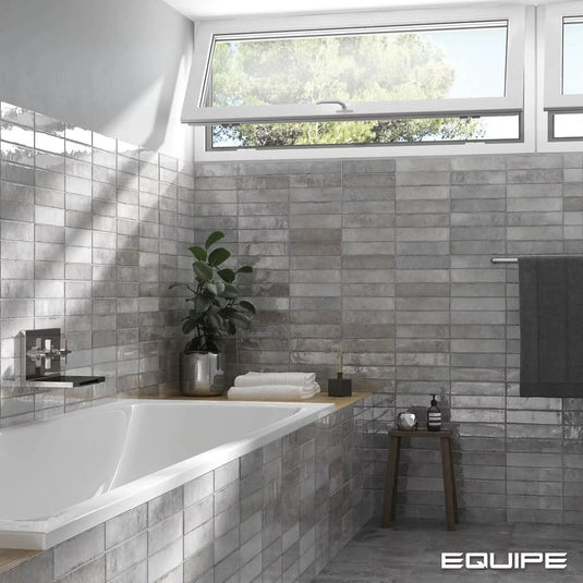 tribeca tile in grey whisper, 6x24.6cm in the bathroom
