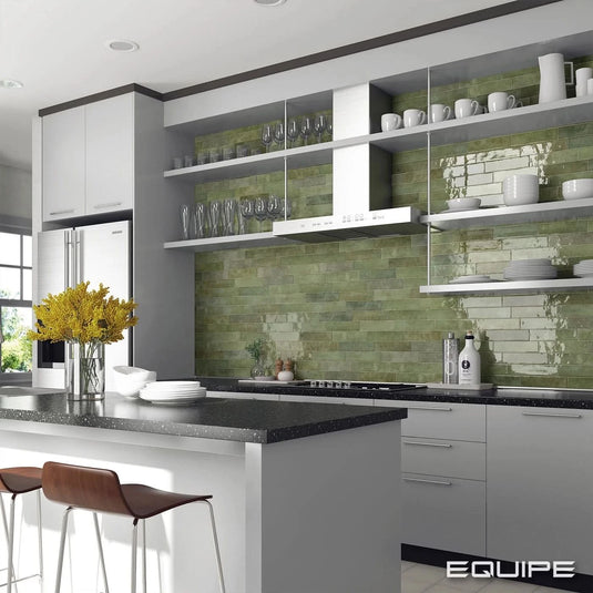 tribeca tile in sage green, 6x24.6cm in the kitchen