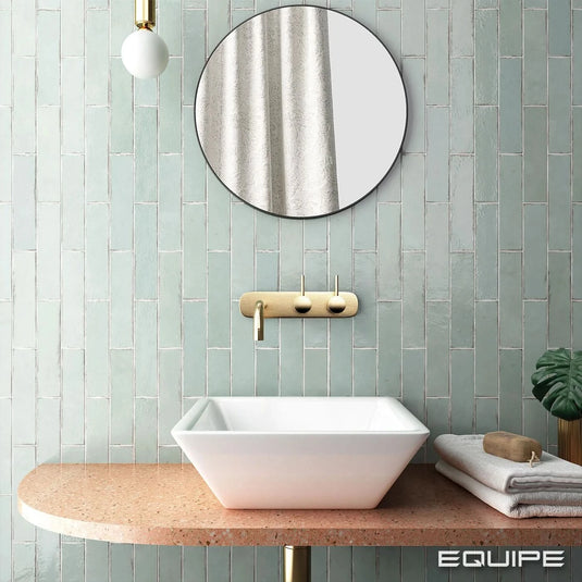 tribeca tile in seaglass mint, 6x24.6cm in the bathroom