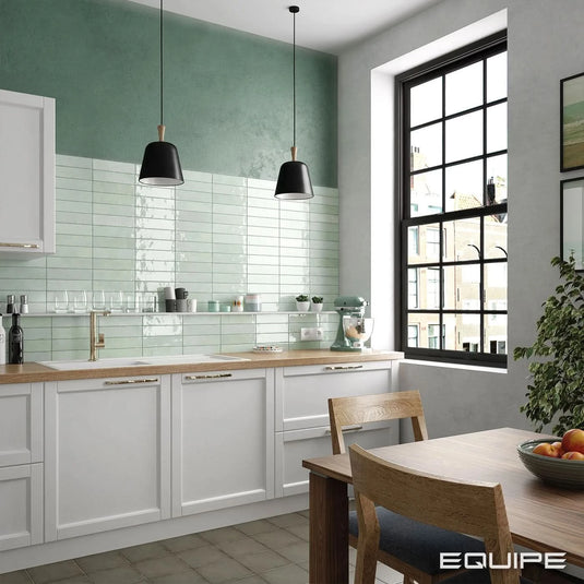 tribeca tile in seaglass mint, 6x24.6cm in the kitchen