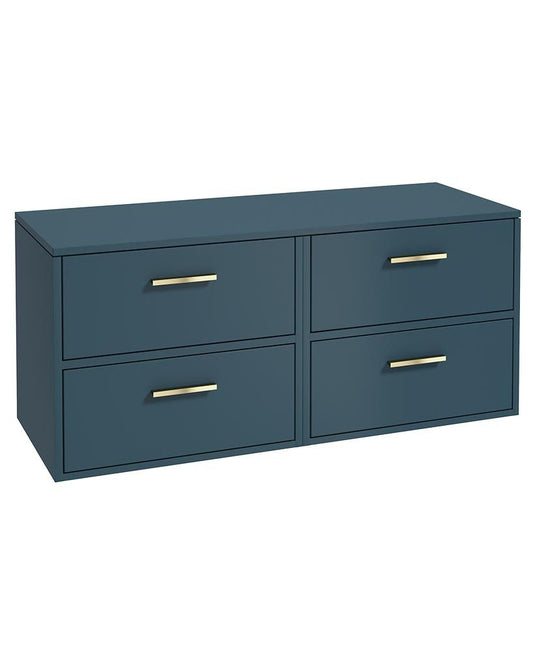 Sonas Finland Wall Hung 120Cm Four Drawer Countertop Vanity Unit | Matt Ocean Blue | Brushed Gold Handle | UF0949